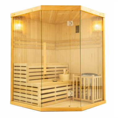 Sauna finlandese in hemlock canadese 3 posti con frontale vetrato ad angolo
