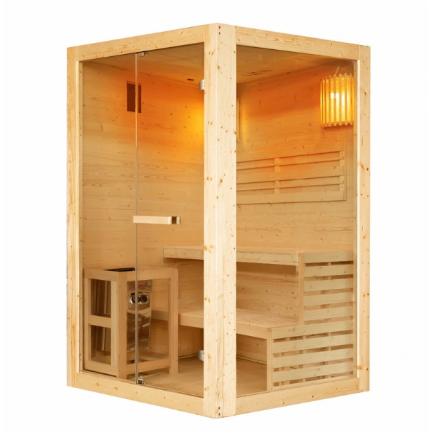 Sauna da interni 2 persone con vetrata frontale e laterale color legno