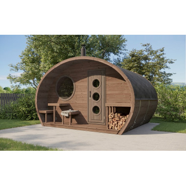 Sauna finlandese da esterno mod. FIABA con spogliatoio da 4x3 m